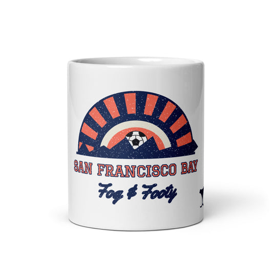 San Francisco Bay Fog & Footy Mug, white ceramic mug with the design printed, front view