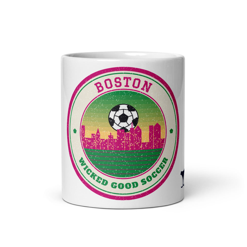 Boston Wicked Good Soccer Mug, white ceramic mug with the design printed, front view