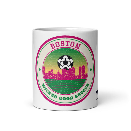 Boston Wicked Good Soccer Mug, white ceramic mug with the design printed, front view
