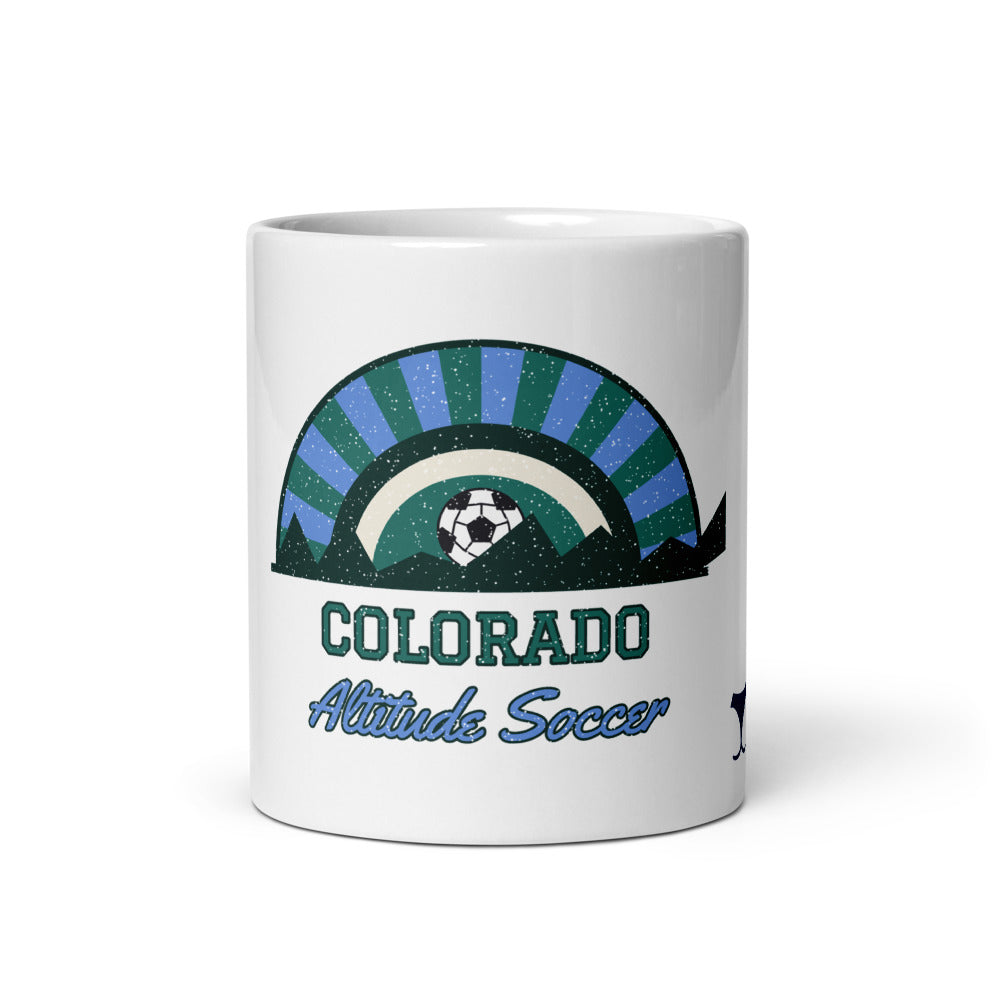 Colorado Altitude Soccer Mug, white ceramic mug with the design printed, front view