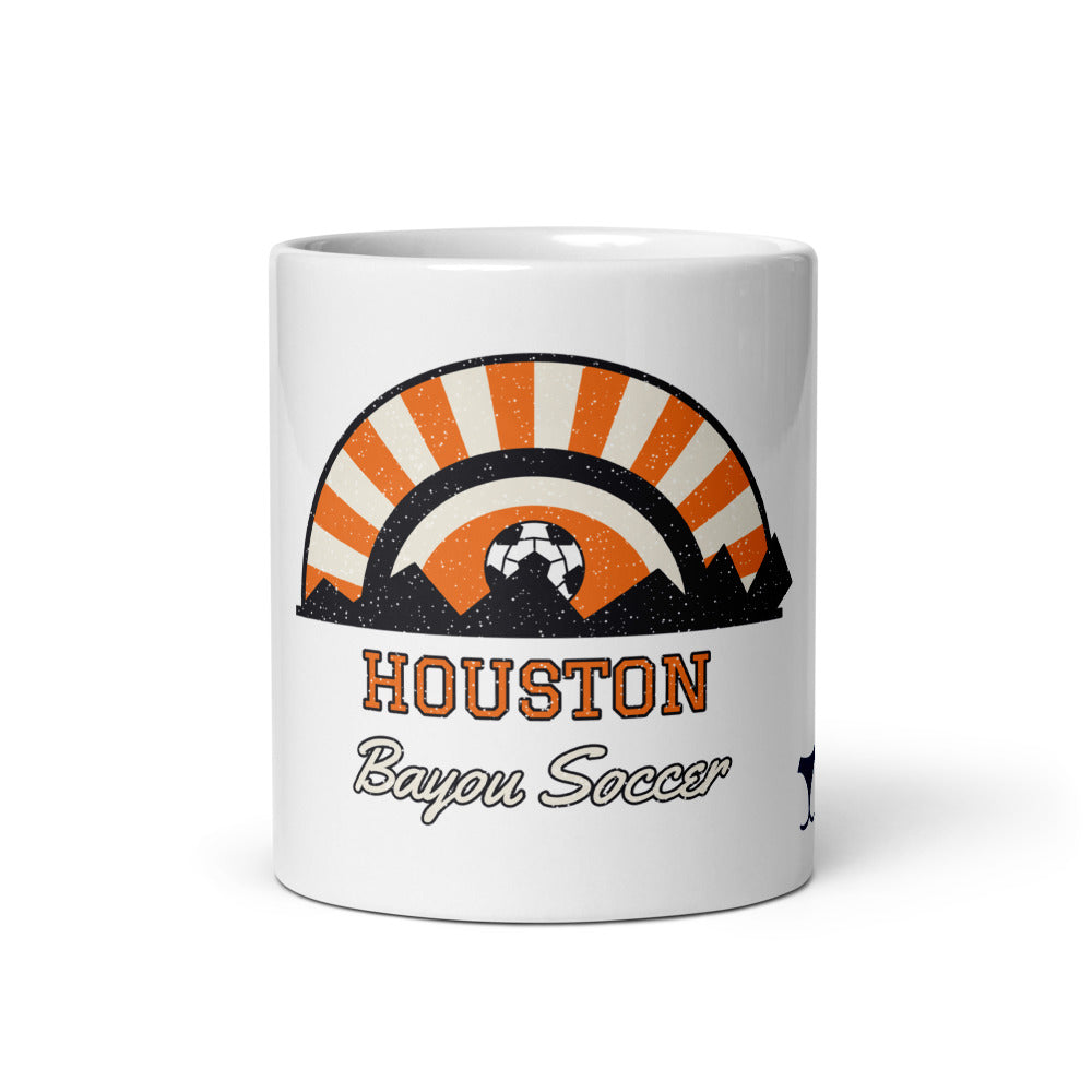 Houston Bayou Soccer Mug, white ceramic mug with the design printed, front view