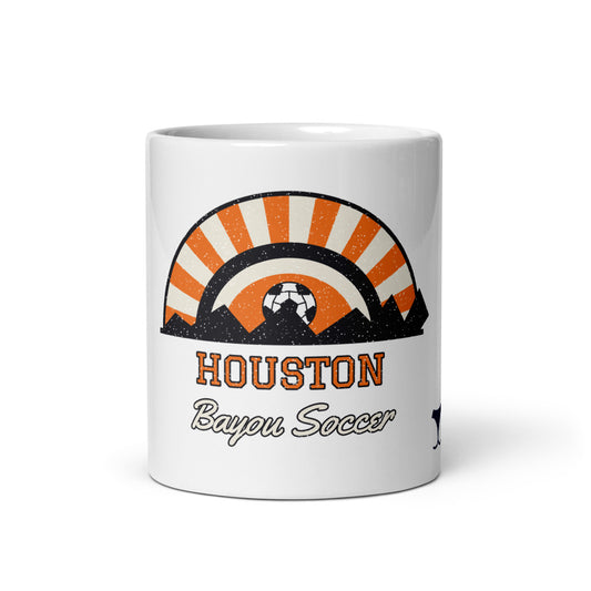 Houston Bayou Soccer Mug, white ceramic mug with the design printed, front view