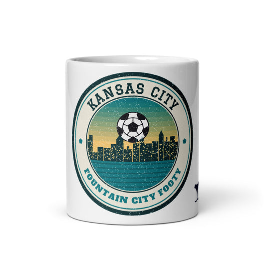 Kansas City Fountain City Footy Mug, white ceramic mug with the design printed, front view