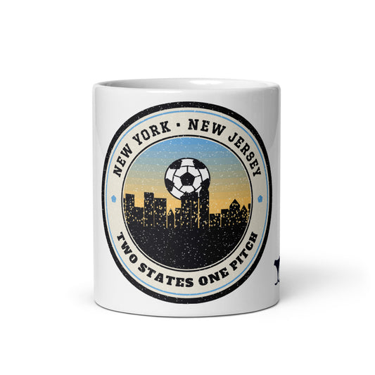 NY NJ Two States One Pitch Mug, white ceramic mug with the design printed, front view
