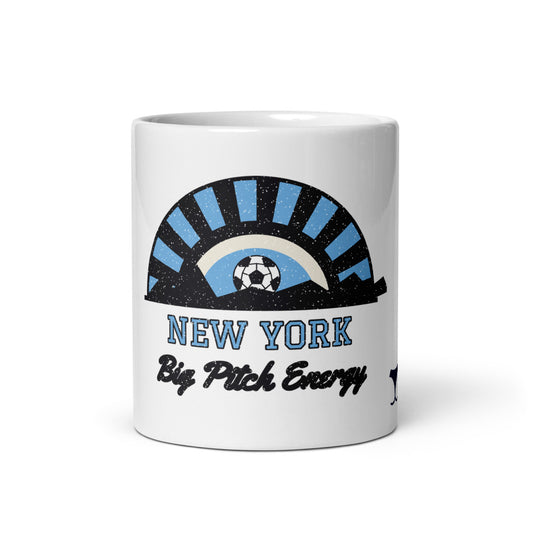 New York Big Pitch Energy Mug, white ceramic mug with the design printed, front view