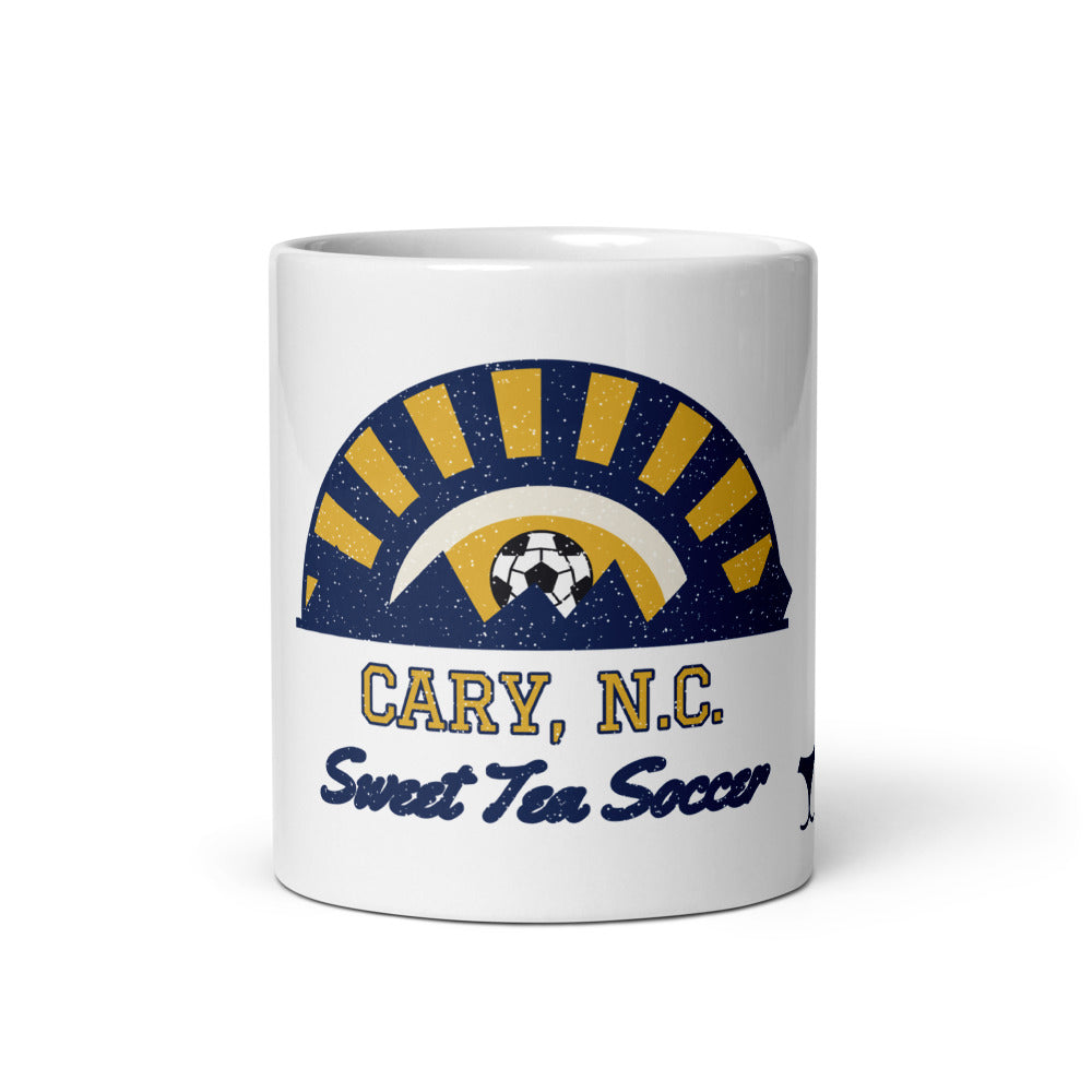 Cary, N.C. Sweet Tea Soccer Mug, white ceramic mug with the design printed, front view