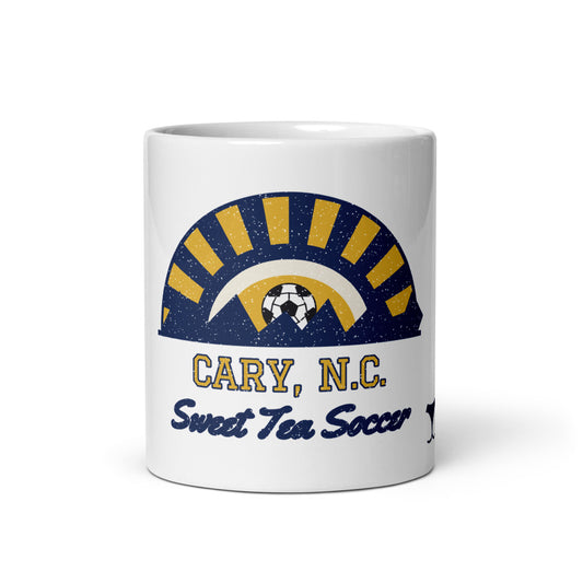 Cary, N.C. Sweet Tea Soccer Mug, white ceramic mug with the design printed, front view
