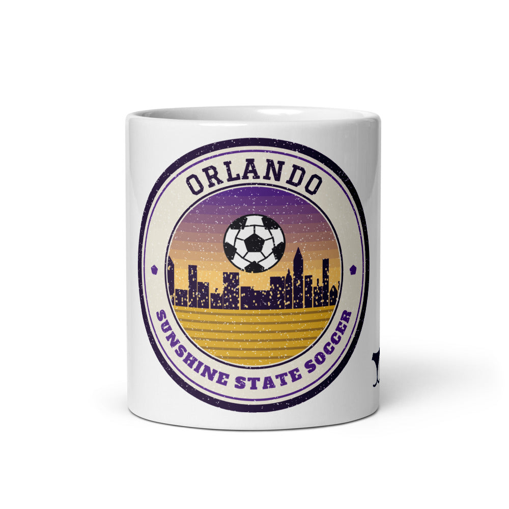 Orlando Sunshine State Soccer Mug, white ceramic mug with the design printed, front view