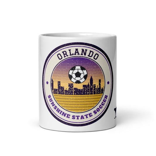 Orlando Sunshine State Soccer Mug, white ceramic mug with the design printed, front view