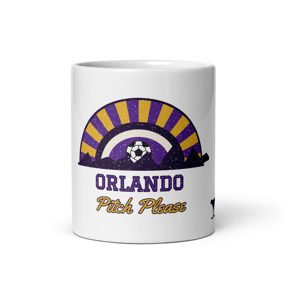 Orlando Pitch Please Mug, white ceramic mug with the design printed, front view