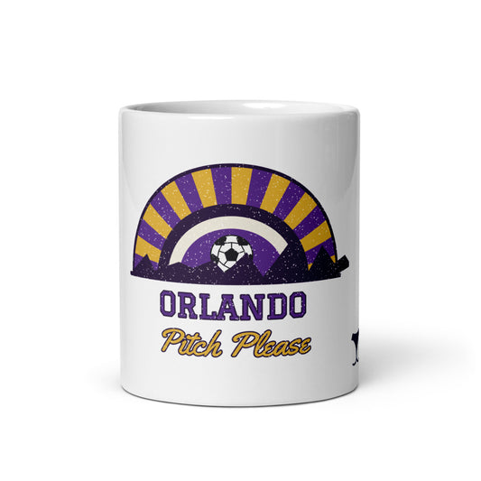 Orlando Pitch Please Mug, white ceramic mug with the design printed, front view
