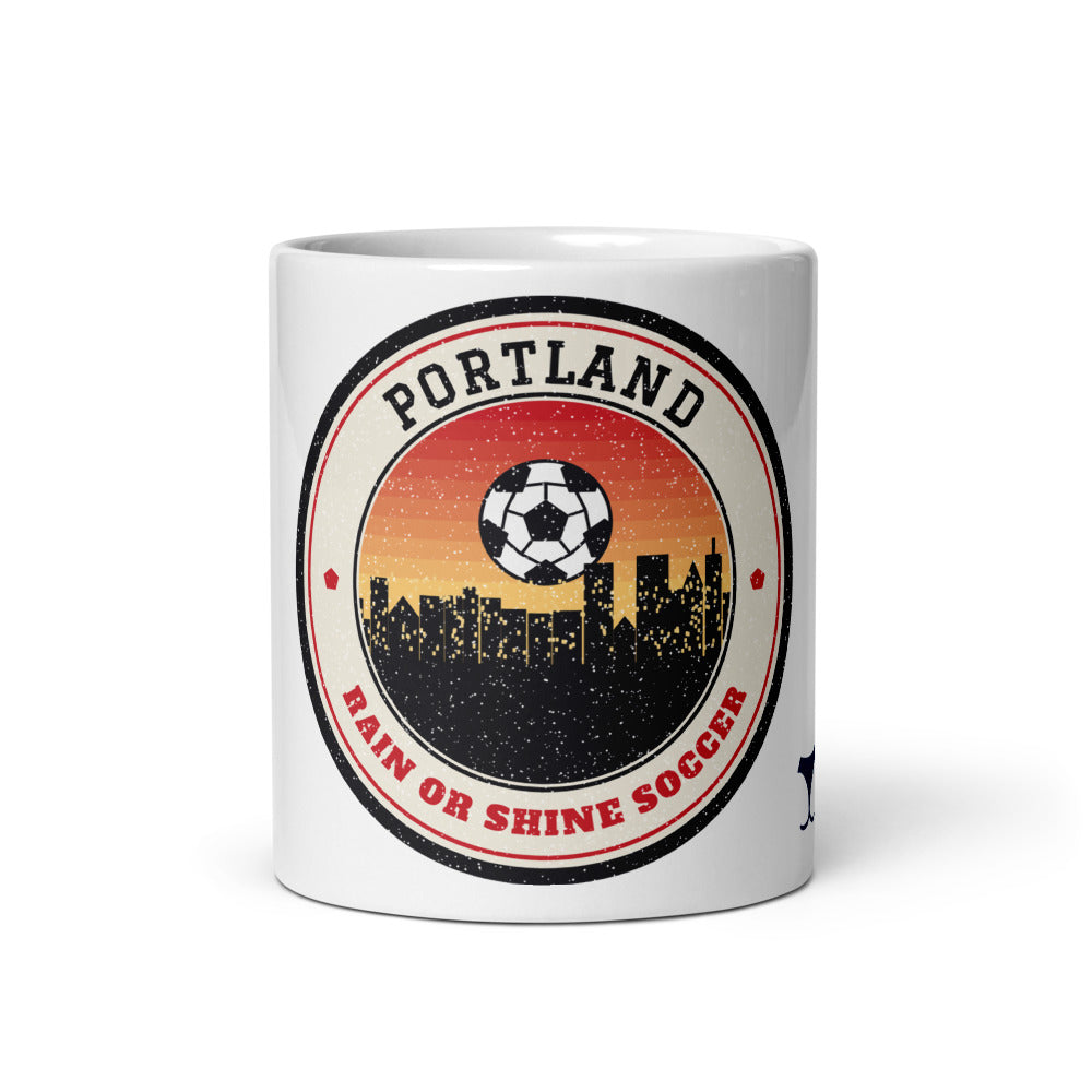 Portland Rain or Shine Soccer Mug, white ceramic mug with the design printed, front view
