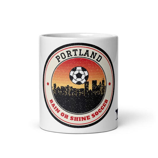 Portland Rain or Shine Soccer Mug, white ceramic mug with the design printed, front view