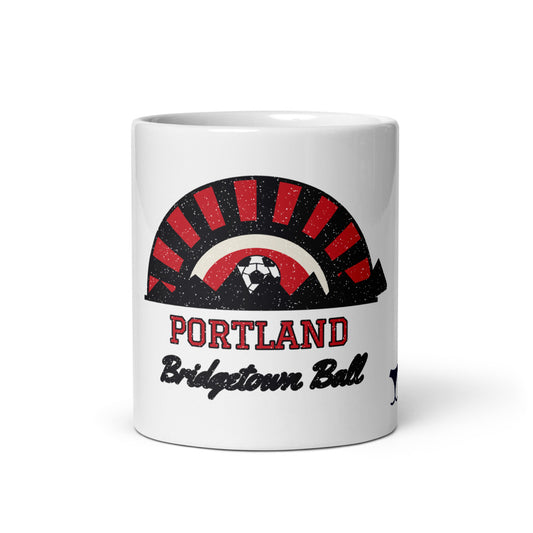 Portland Bridgetown Ball Mug, white ceramic mug with the design printed, front view