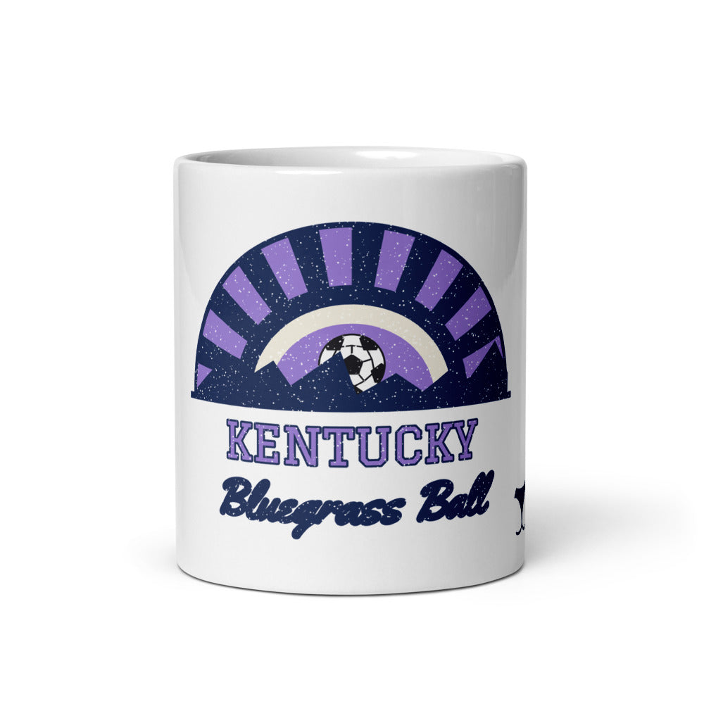 Kentucky Bluegrass Ball Mug, white ceramic mug with the design printed, front view