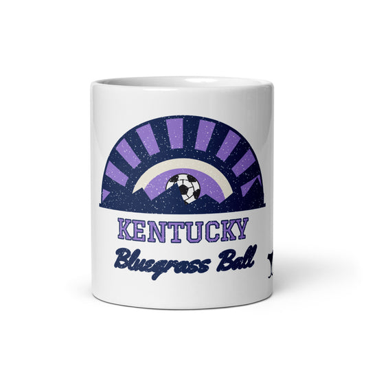Kentucky Bluegrass Ball Mug, white ceramic mug with the design printed, front view