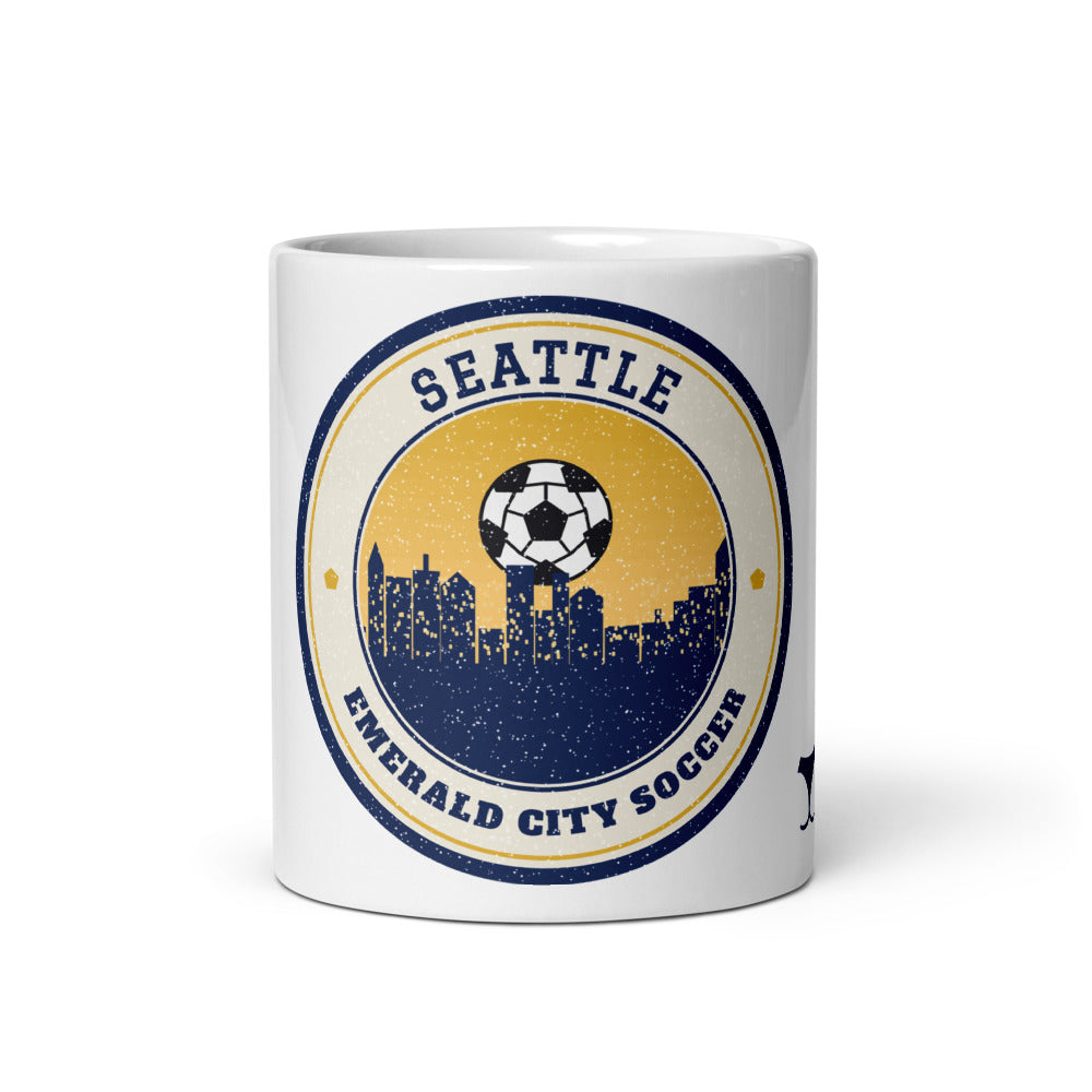 Seattle Emerald City Soccer Mug, white ceramic mug with the design printed, front view