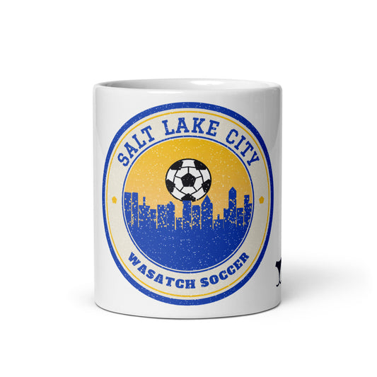 Salt Lake City Wasatch Soccer Mug, white ceramic mug with the design printed, front view