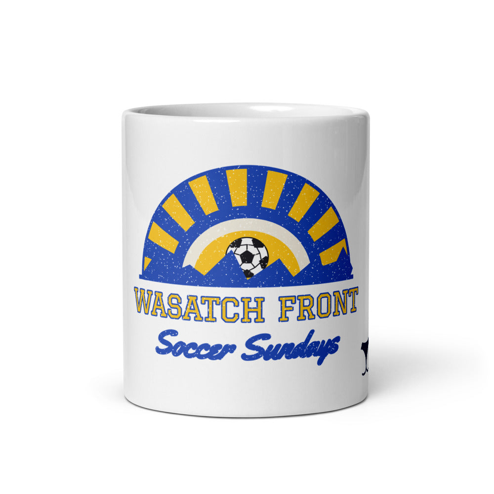 Wasatch Front Soccer Sundays Mug, white ceramic mug with the design printed, front view