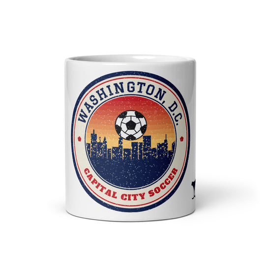 Washington, D.C. Capital City Soccer Mug, white ceramic mug with the design printed, front view