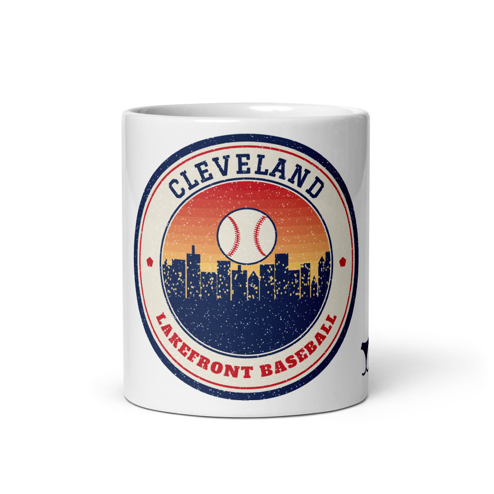 Cleveland Lakefront Baseball Mug, white ceramic mug with the design printed, front view