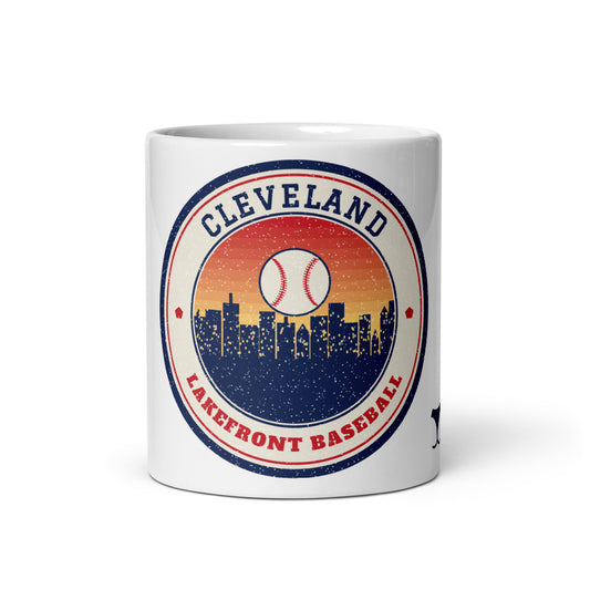 Cleveland Lakefront Baseball Mug, white ceramic mug with the design printed, front view