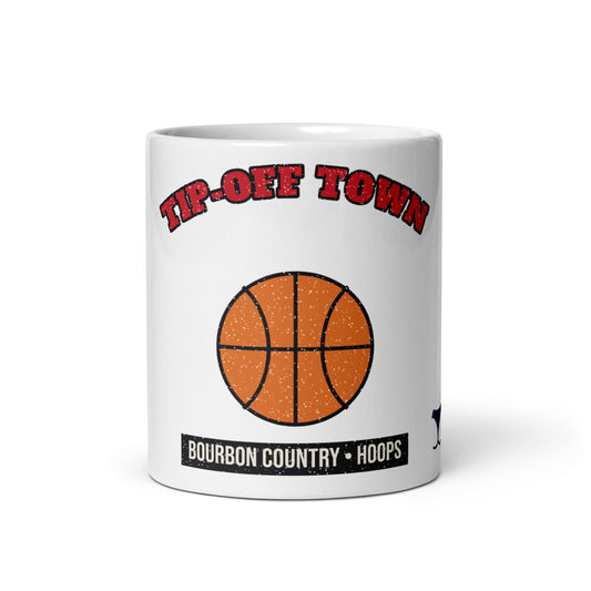 Bourbon Country Tip-Off Town Mug, white ceramic mug with the design printed, front view