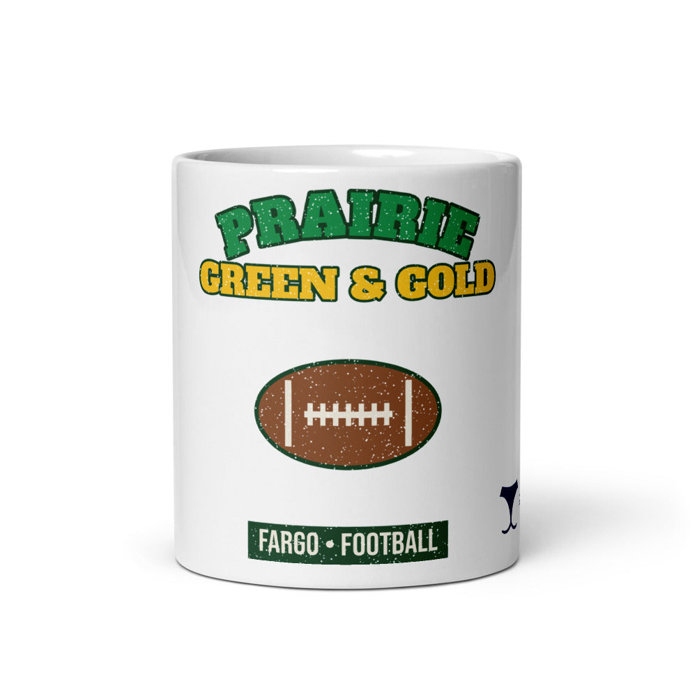 Prairie Green & Gold Fargo Football Mug, white ceramic mug with the design printed, front view