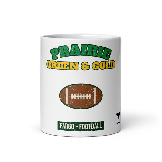 Prairie Green & Gold Fargo Football Mug, white ceramic mug with the design printed, front view