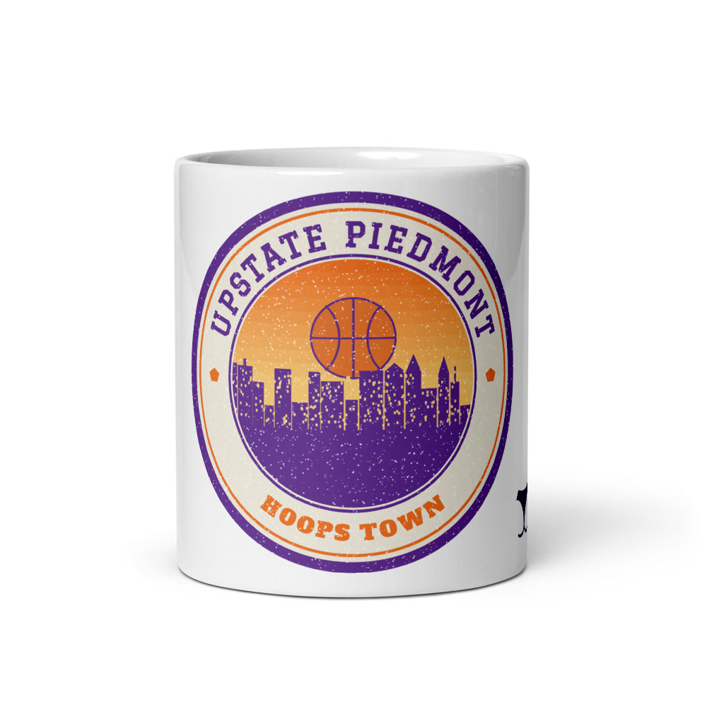 Upstate Piedmont Hoops Town Mug, white ceramic mug with the design printed, front view