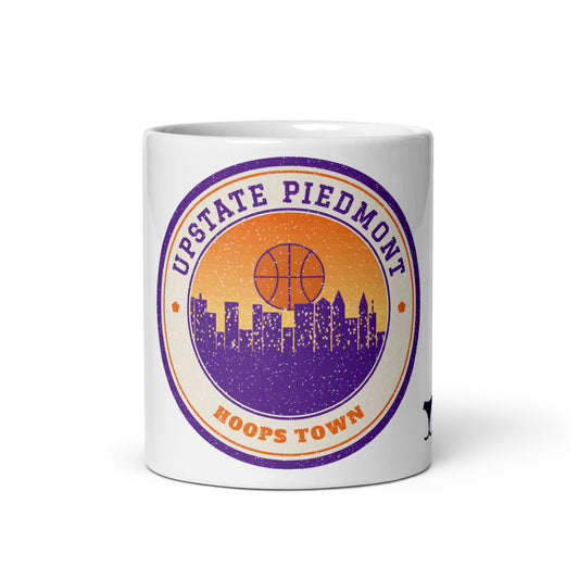 Upstate Piedmont Hoops Town Mug, white ceramic mug with the design printed, front view