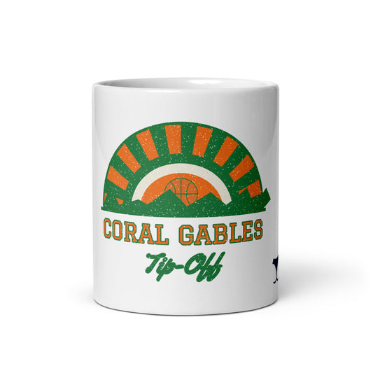 Coral Gables Tip-Off Mug, white ceramic mug with the design printed, front view