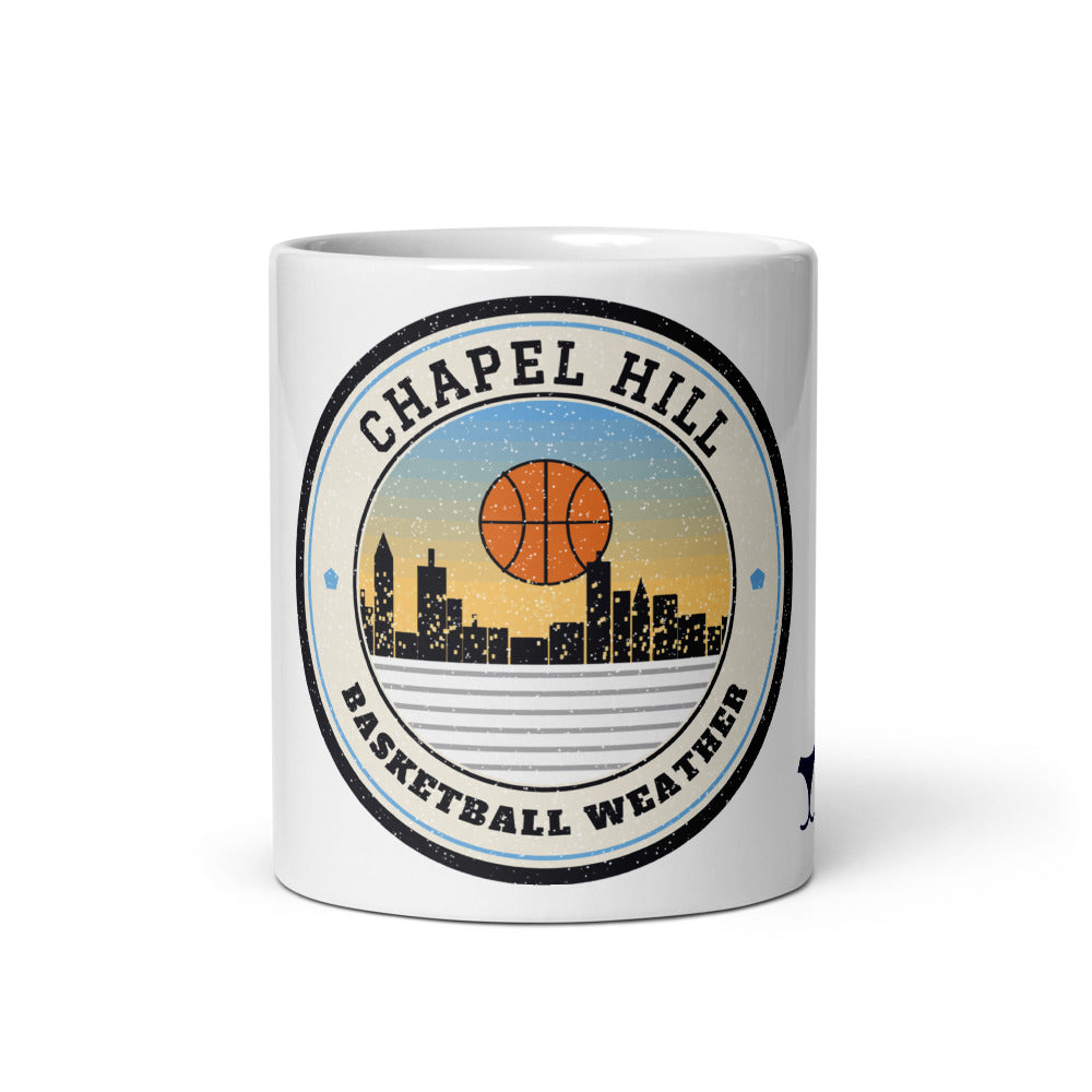 Chapel Hill Basketball Weather Mug, white ceramic mug with the design printed, front view