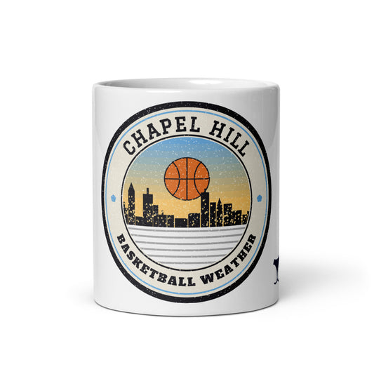 Chapel Hill Basketball Weather Mug, white ceramic mug with the design printed, front view