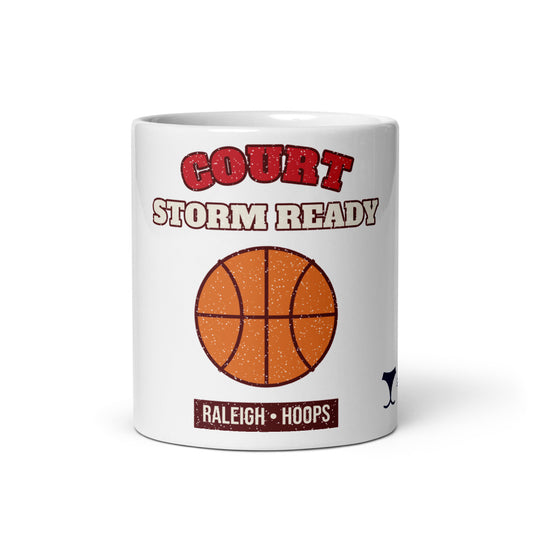 Raleigh Court Storm Ready Mug, white ceramic mug with the design printed, front view