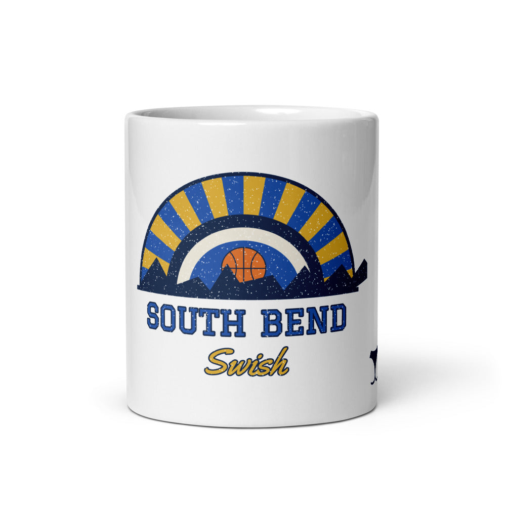 South Bend Swish Mug, white ceramic mug with the design printed, front view