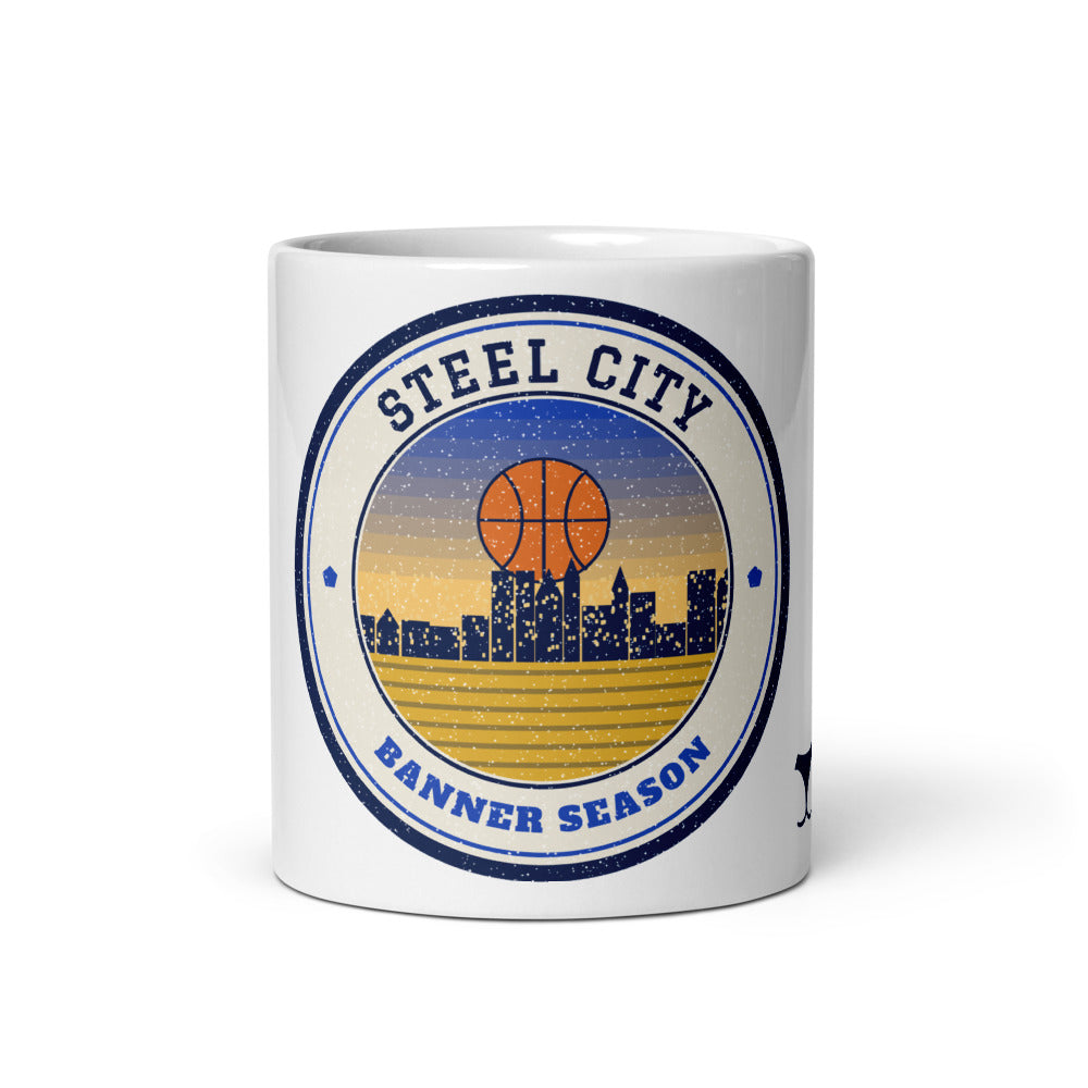 Steel City Banner Season Mug, white ceramic mug with the design printed, front view