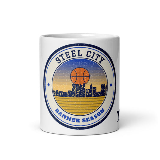 Steel City Banner Season Mug, white ceramic mug with the design printed, front view