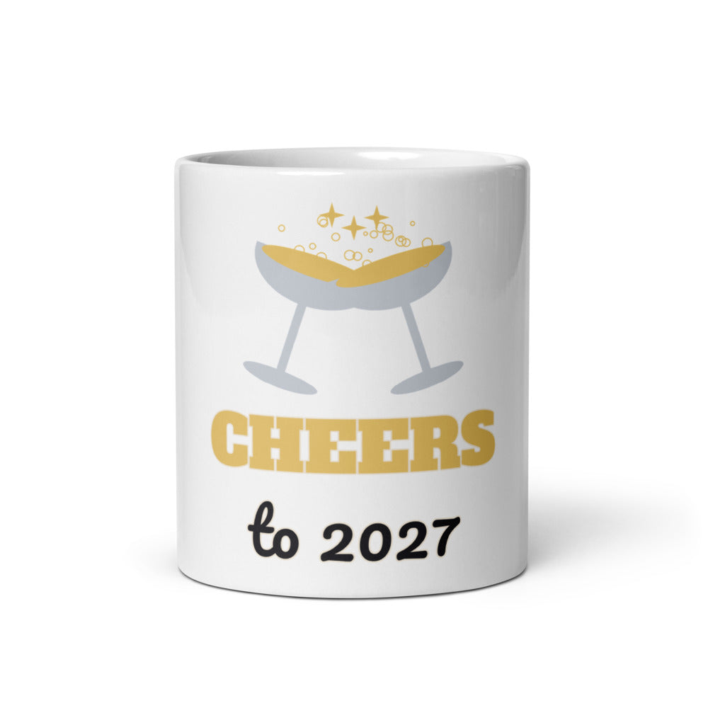 Cheers to 2027 Mug, white ceramic mug with the design printed, front view
