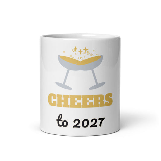 Cheers to 2027 Mug, white ceramic mug with the design printed, front view