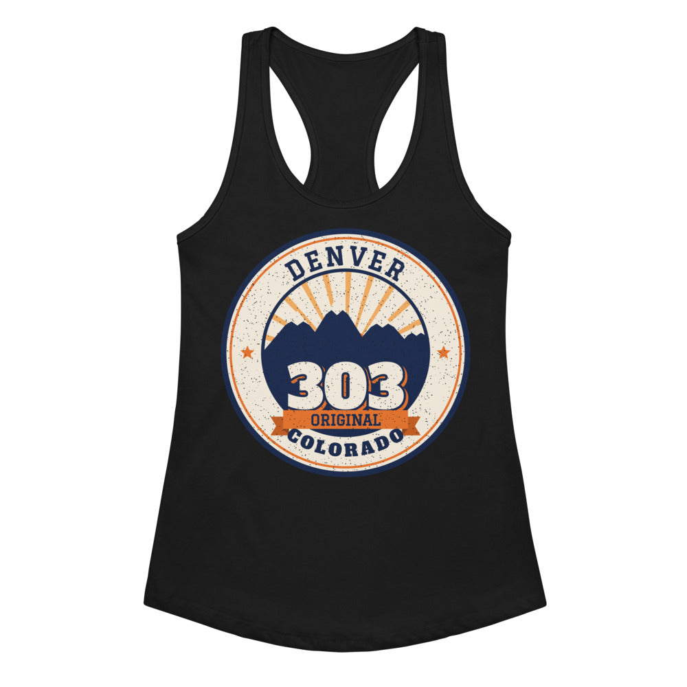 Women's 303 Original Denver Racerback Tank in black, front view