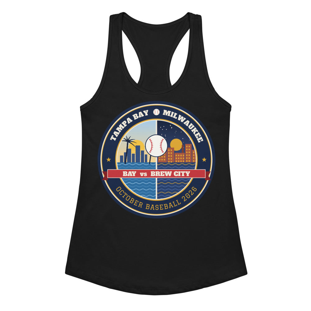 Women's Bay vs Brew City October Baseball Racerback Tank in black, front view