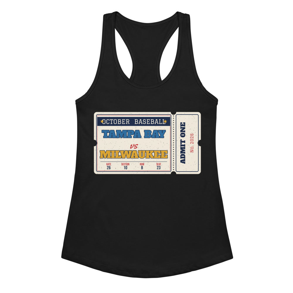 Women's Tampa Bay vs Milwaukee Retro Ticket Racerback Tank in black, front view