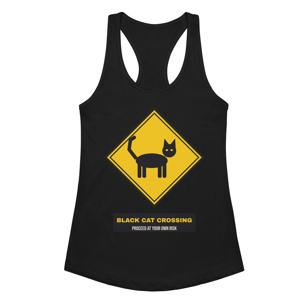 Women's Black Cat Crossing Racerback Tank in black, design printed on the front, front view