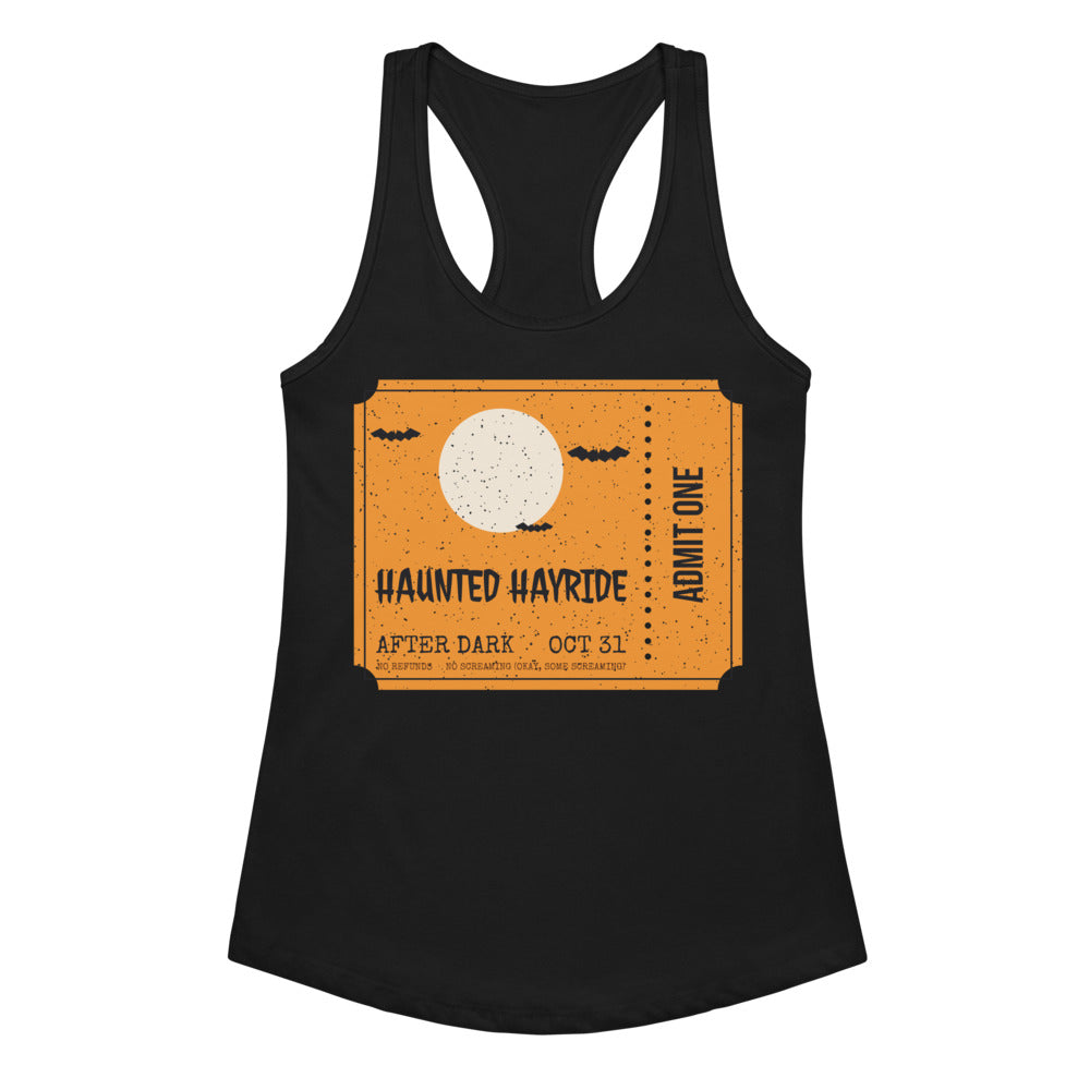 Women's Haunted Hayride Racerback Tank in black, design printed on the front, front view