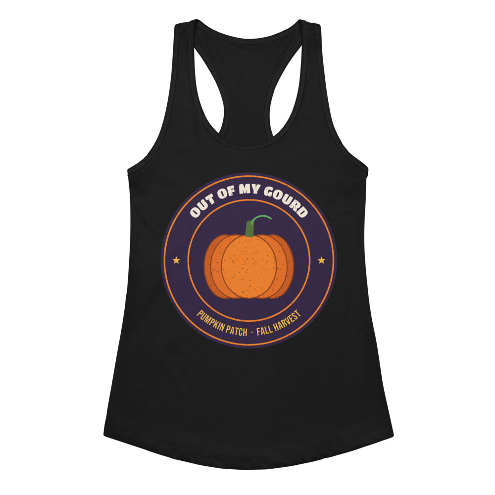 Women's Out of My Gourd Racerback Tank in black, design printed on the front, front view