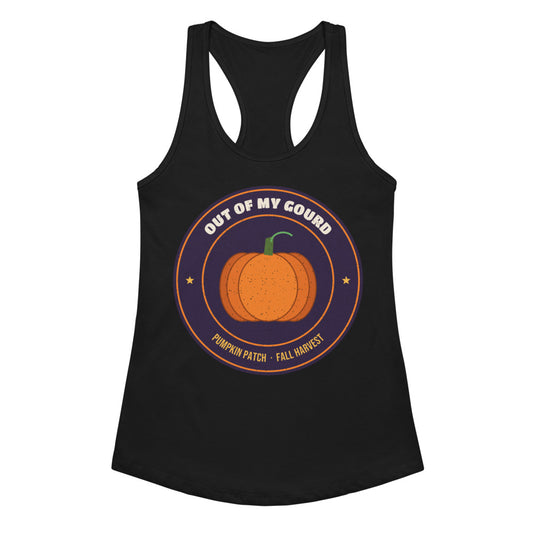 Women's Out of My Gourd Racerback Tank in black, design printed on the front, front view