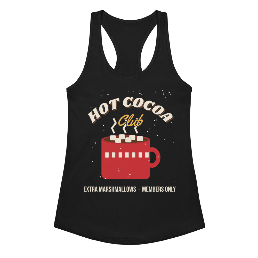 Women's Hot Cocoa Club Racerback Tank in black, design printed on the front, front view