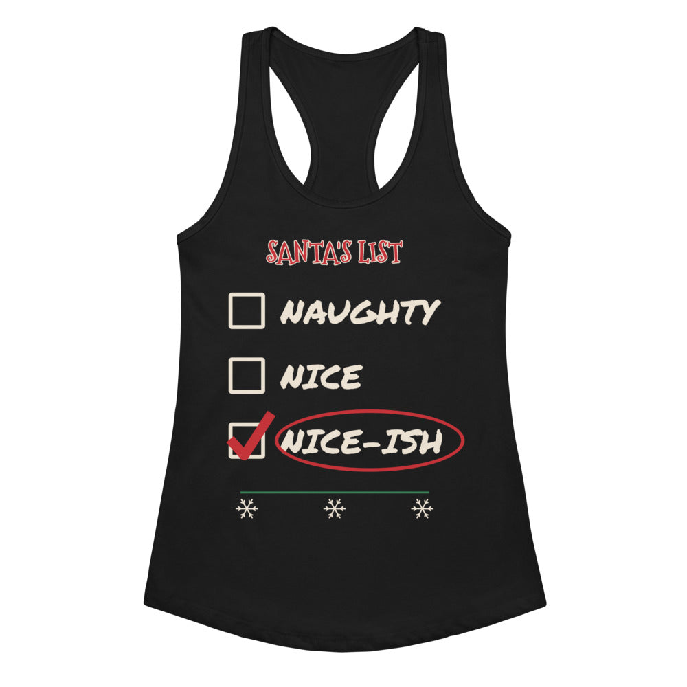 Women's Nice-ish Racerback Tank in black, design printed on the front, front view