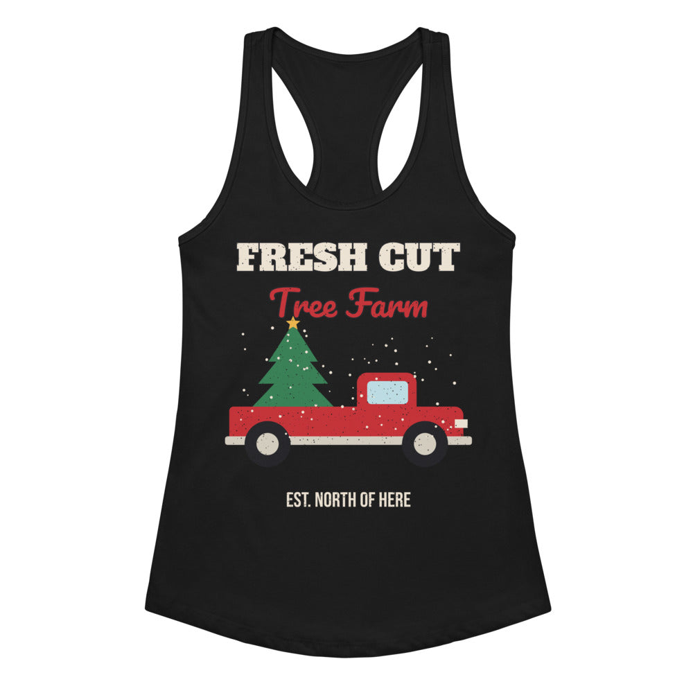 Women's Fresh Cut Tree Farm Racerback Tank in black, design printed on the front, front view